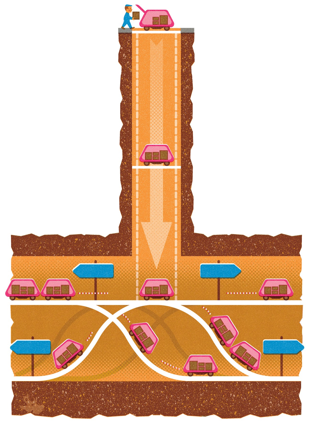 Illustration of underground cargo delivery system with pink delivery vehicles traveling through soil layers.