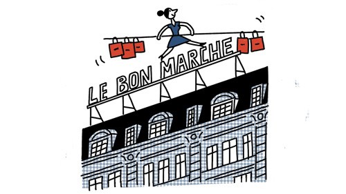 Illustration of Le Bon Marché department store facade with animated sign and holiday display.