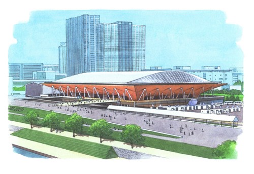 Ariake Gymnastics Centre displaying its impressive arched wooden roof and traditional Japanese architectural elements
