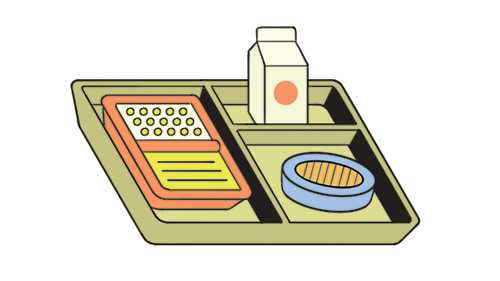Illustration of a lunch tray containing a bento box, milk carton, and bowl of soup representing Japanese school lunch.