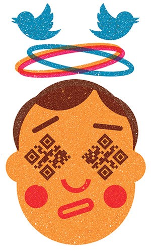Colorful illustration of a stylized face with closed eyes, halo, and QR codes on cheeks.