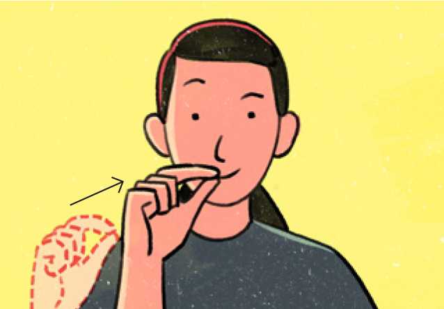 Illustrated person demonstrating the ASL sign for marijuana by miming smoking a joint with finger and thumb.