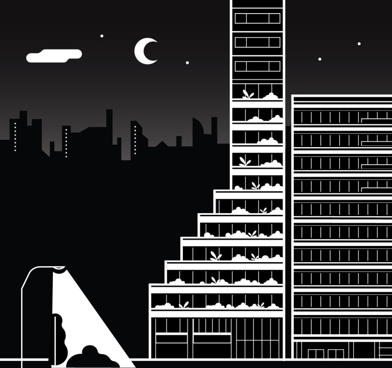 Illustration showing a nighttime cityscape with wooden buildings and green rooftops under a crescent moon.