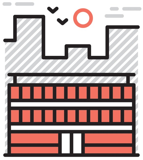 Illustration of a multi-story building with varied architectural features and stepped roofline.