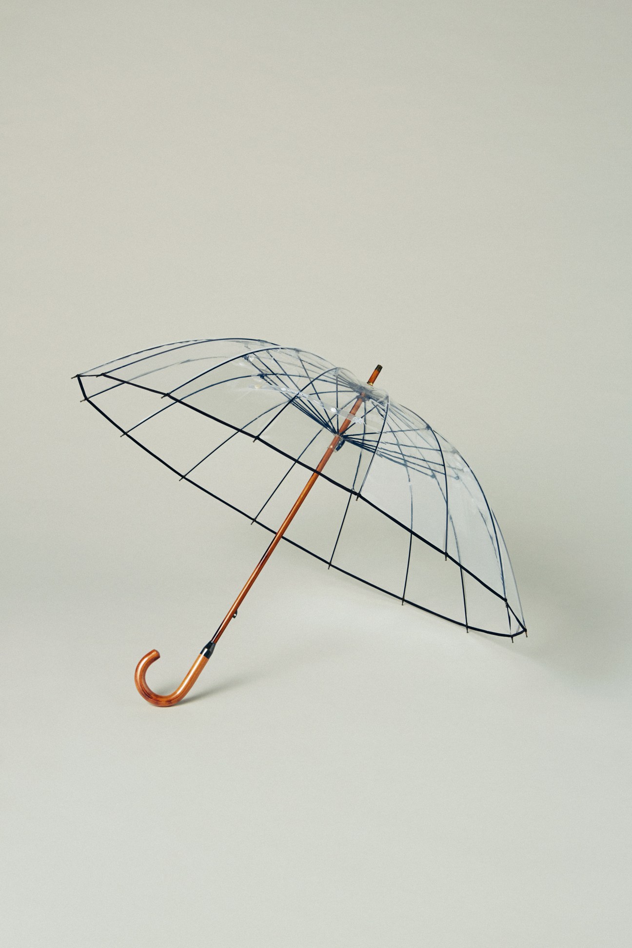 White Rose transparent umbrella with dark frame and wooden curved handle against neutral background.