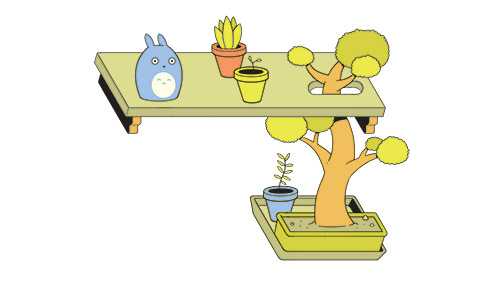 Illustration of potted plants and flowers arranged on tiered shelves above a tree, representing urban greening.