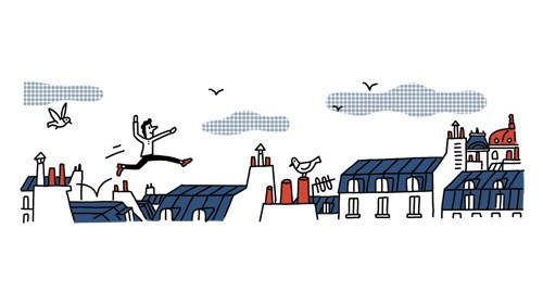 Illustration of a man in business attire leaping over Parisian rooftops and architecture.