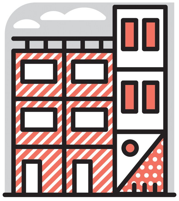 Illustration of a tall, narrow townhouse with red and white striped facade and ground floor retail space.