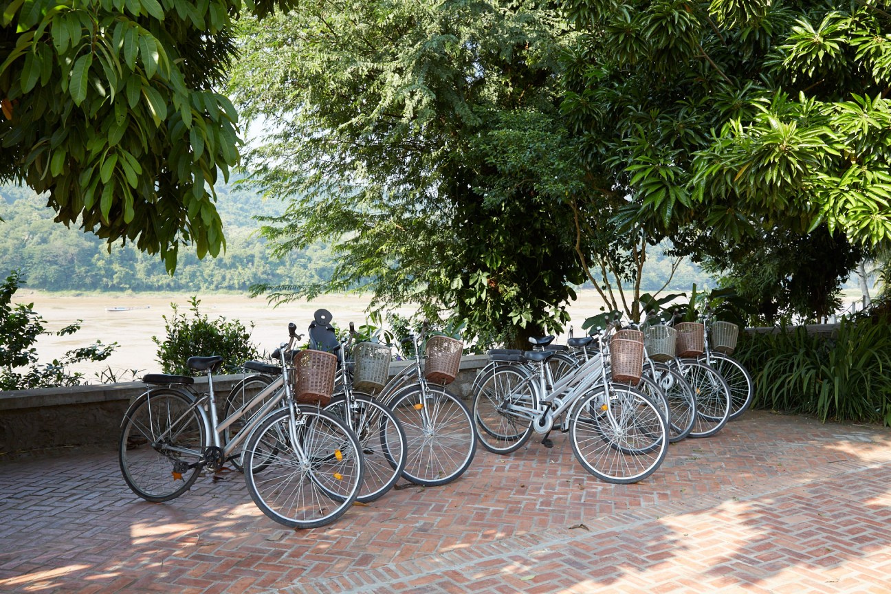 Row of bicycles with wicker baskets parked along a shaded brick path overlooking the Mekong River in Luang Prabang.