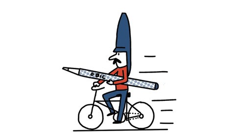 Illustration of a person riding a bicycle while holding a giant Bic pen.