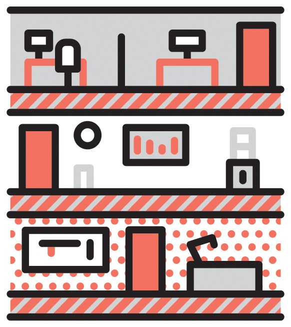 Illustration of a multi-level shophouse building with retail on ground floor and offices above.
