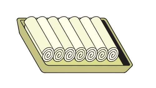 Illustration of oshibori hot towels rolled and arranged on a lacquered tray.
