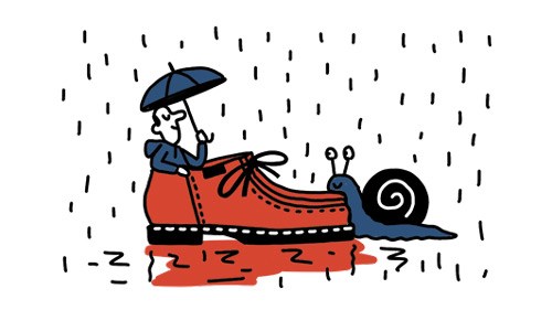 Illustration of a person in rain holding an umbrella while wearing countryside outdoor clothing and boots.