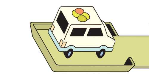 Illustration of a white car with a multicoloured four-leafed clover magnet on its roof.