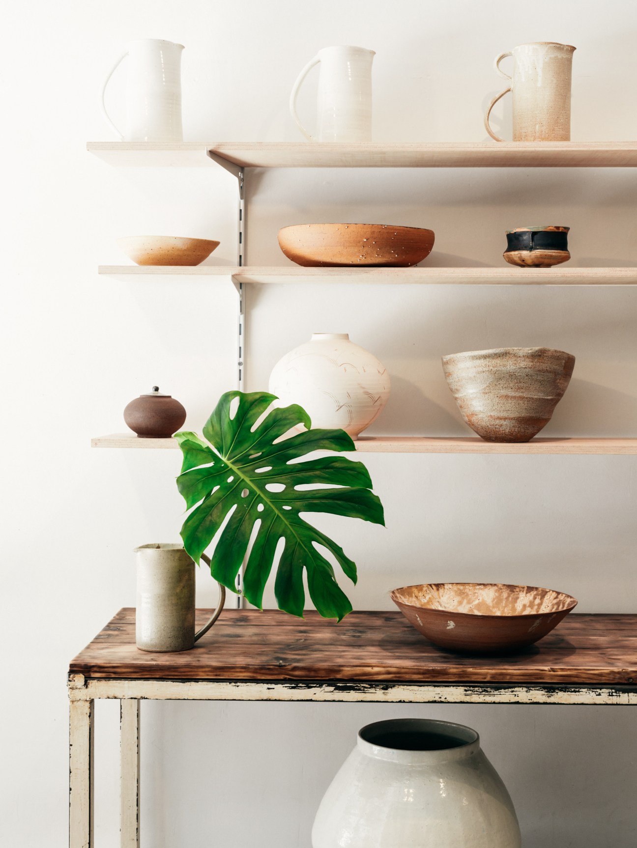 Ceramic vessels and pitchers displayed on white shelves with a monstera plant on a wooden table.
