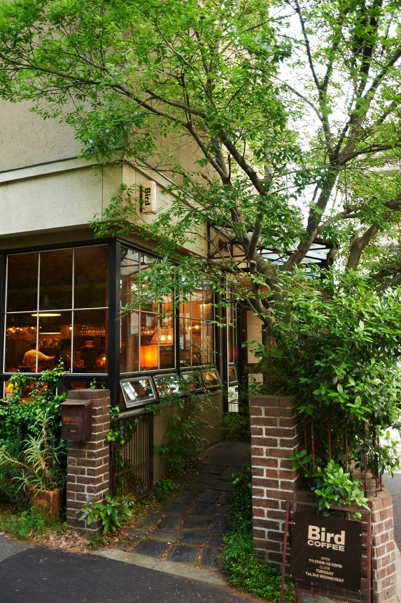 Truck's storefront entrance surrounded by lush green trees and climbing ivy, with Bird café sign visible.