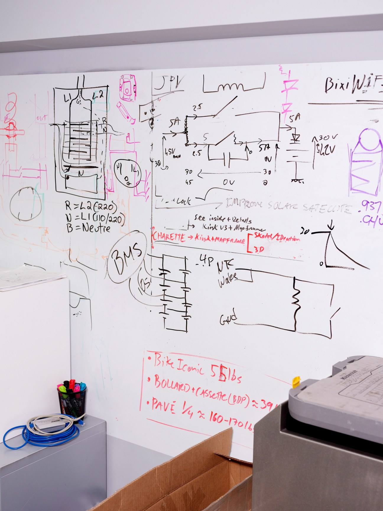 Whiteboard filled with technical sketches, circuit diagrams, and handwritten notes in black, pink, and purple markers.