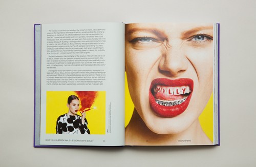Open book spread showing graphic design work with bold yellow background and portrait featuring red lips and graphic elements.