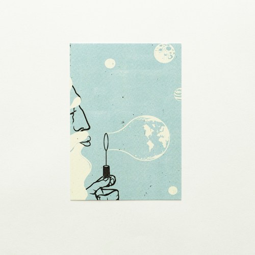 Illustration of a face in profile blowing a bubble containing a globe against a light blue background.