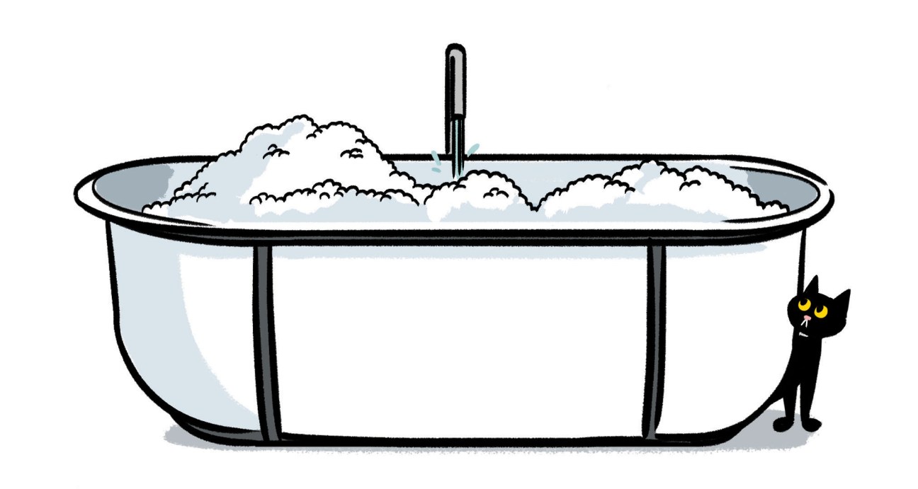 Illustration of a bathtub with soap bubbles and a black cat standing beside it.