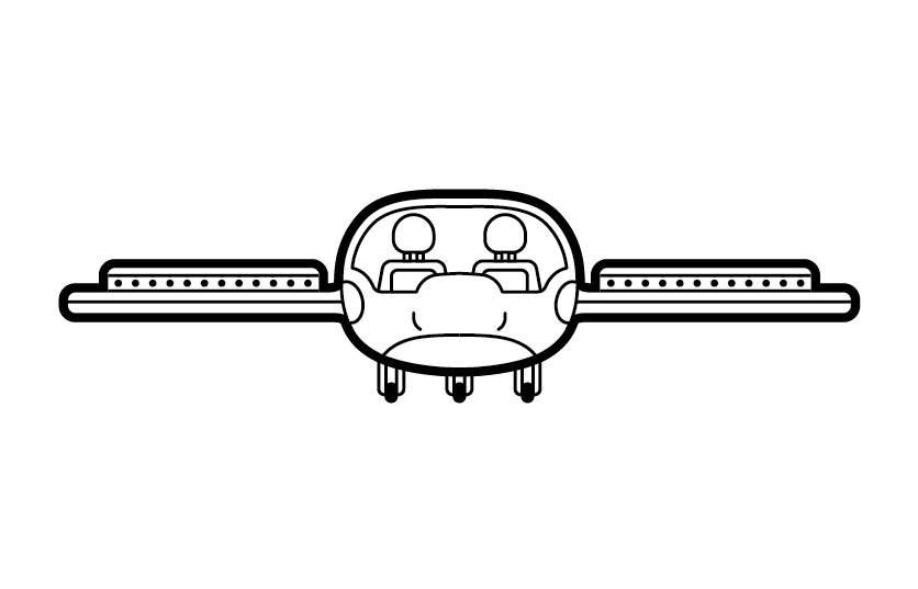 Line drawing of Lilium's Air Taxi with two-seater cabin, tilting propellers on wings, and landing gear.