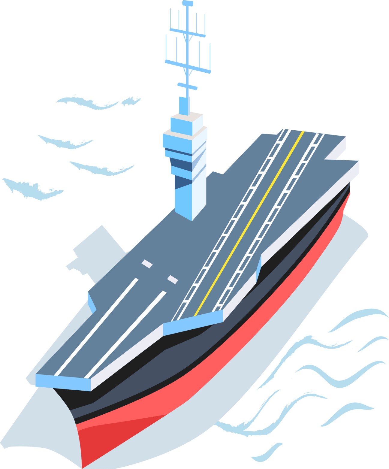 Isometric illustration of a naval aircraft carrier with layered hull structure, radar tower, and flight deck with runway markings.
