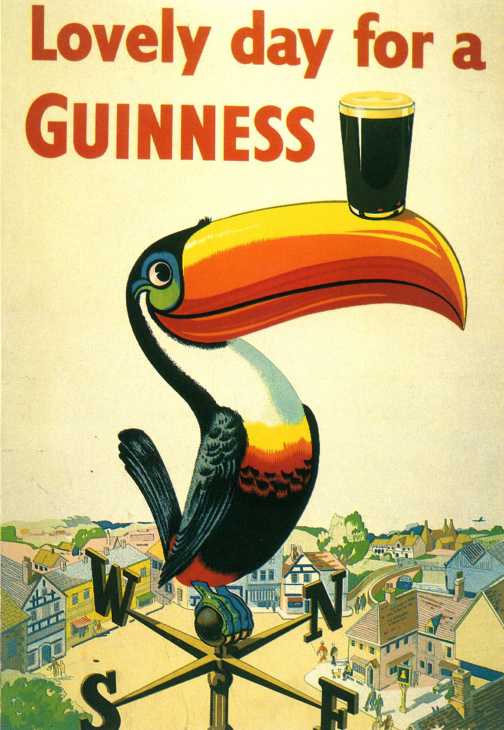 Vintage Guinness advertisement featuring a colorful toucan balancing a pint glass on its beak above a townscape.