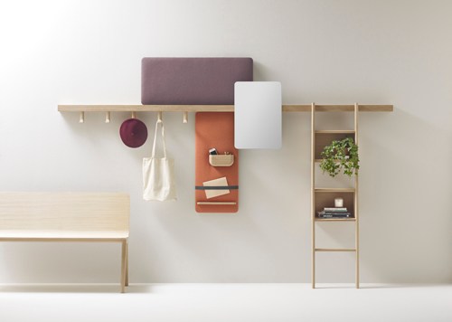 Zutik adjustable shelf system with oak beam, shelves, mirrors, and coat racks by Alki.