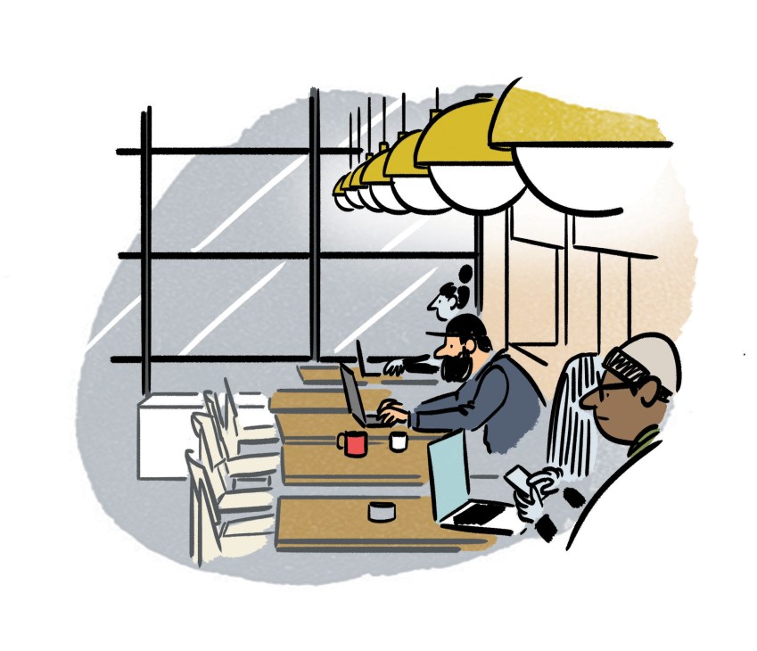 Illustration of three people working at wooden desks in a modern office with industrial windows and yellow pendant lights.