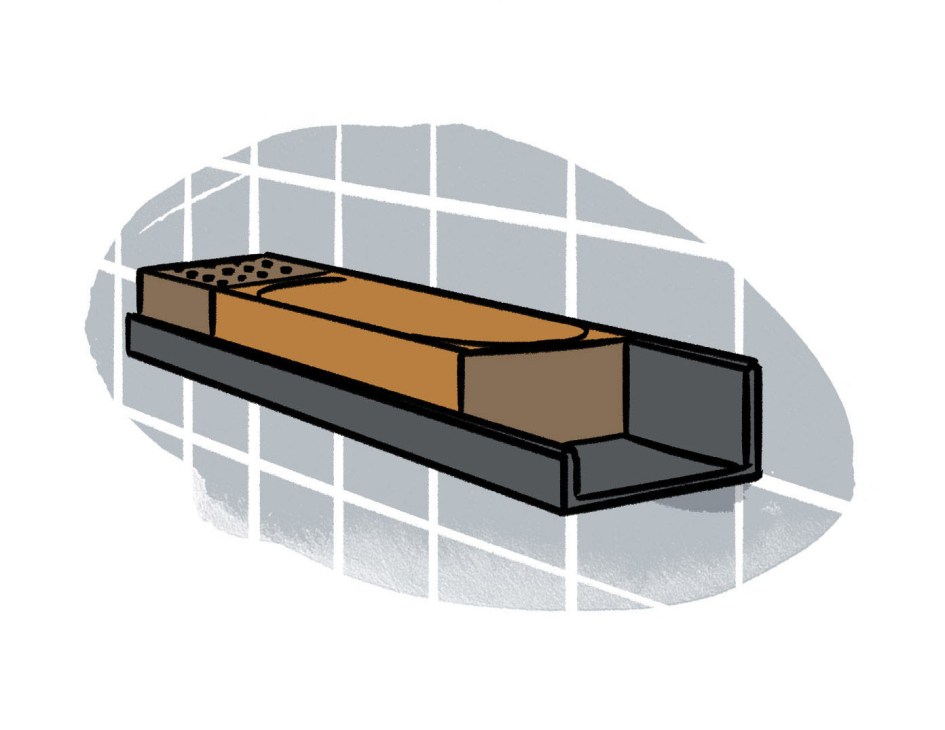 Illustration of the Assist shelf system by Alape with powder-coated aluminum and matte-black finish.
