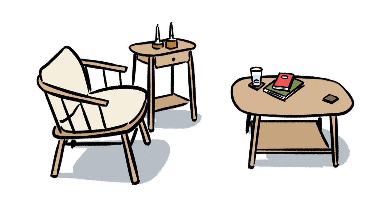 Illustration of wooden furniture including an armchair, side table and dining table by Another Country.