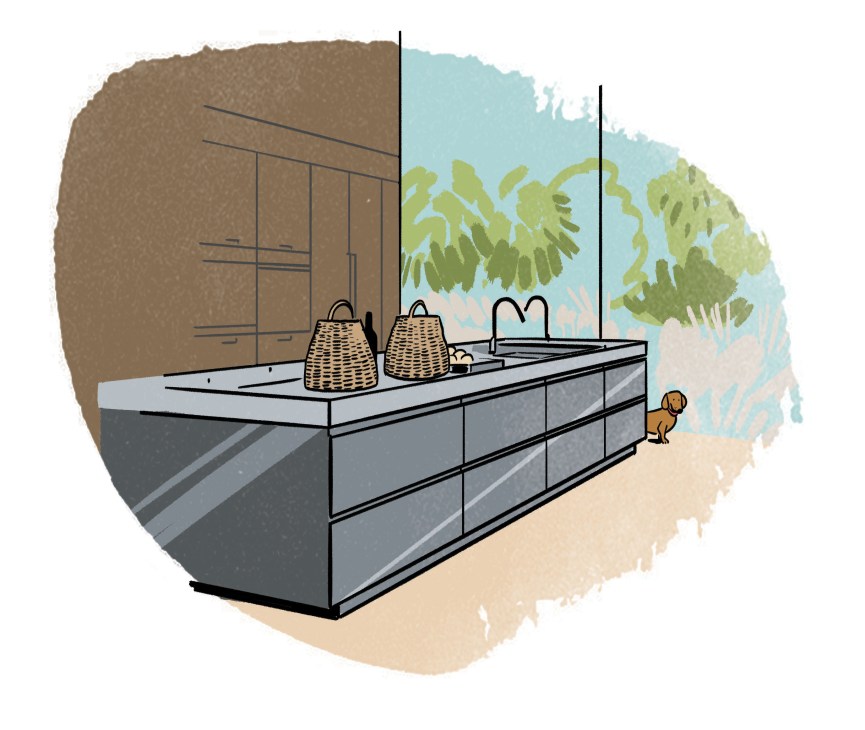 Illustration of a modern kitchen with grey cabinetry, woven baskets, and a garden view beyond.