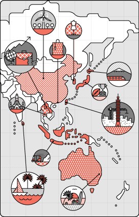 Illustrated map of Asia and Australasia showing regional icons representing different markets and industries.