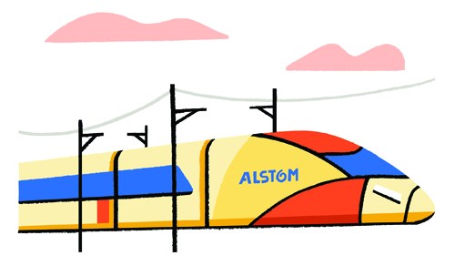 Illustration of an Alstom train with yellow, blue and red coloring at a station platform.
