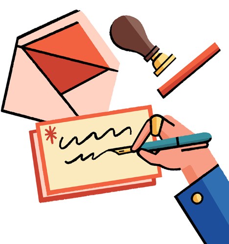 Illustration of stationery items including envelopes, a stamp, pen, and hand writing on paper.