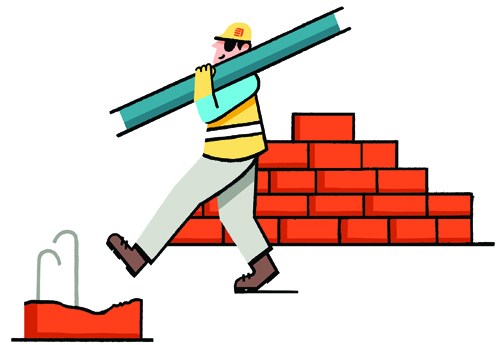 Illustration of a construction worker carrying a large pipe while walking past red bricks.