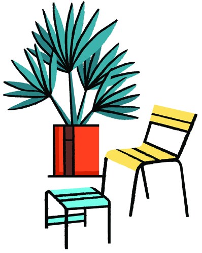 Illustration of Fermob furniture including a yellow chair, turquoise stool, and potted plant with teal leaves in a red pot.
