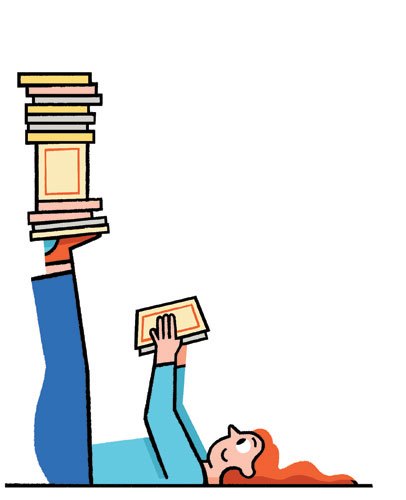 Illustration of a person lying down holding books with a tall stack of books above them.