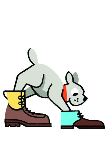 Illustration of a cat playing with colorful boots and shoes