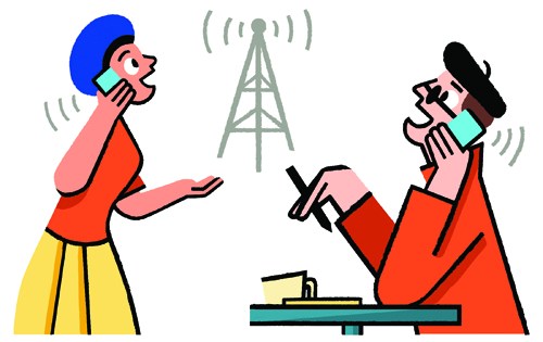 Illustration of two people communicating via telecommunications with a radio tower between them.