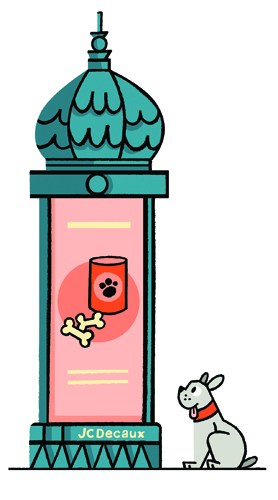 Illustrated JCDecaux advertising kiosk with turquoise dome roof and pink poster display panel, with stylized rabbit figure beside it.