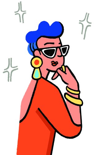 Illustration of a stylized woman in red outfit with blue hair and sunglasses wearing colorful accessories.