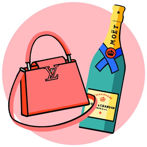 Illustration of a red Louis Vuitton handbag and Moët & Chandon champagne bottle on pink background.