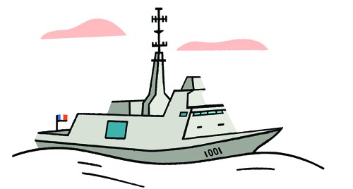 Illustrated naval vessel with antenna and communications equipment on water.