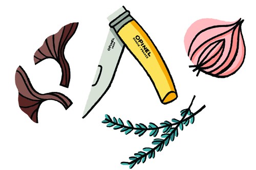 Illustration of Opinel knife with wooden handle alongside garlic, onion and herbs.