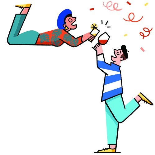 Illustration of two people celebrating with champagne and confetti.