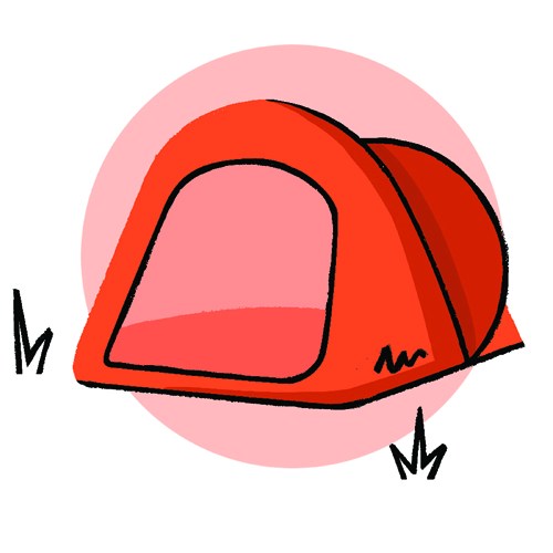 Illustration of a red tent with black outline on pink circular background.