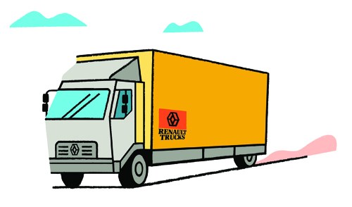 Illustration of a Renault Trucks delivery vehicle with yellow cargo box and white cab.