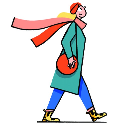 Illustration of a woman carrying a red shopping bag wearing a teal coat and blue pants with yellow boots