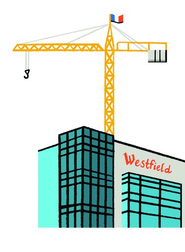 Illustration of a construction crane above modern buildings with Westfield branding.